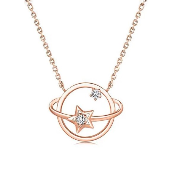 *Rose Gold/Sterling Silver Diamond Planet Necklace - Picture 7 of 7